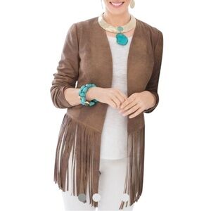 Chico’s Faux Suede Western Fringe Coat Jacket Women’s Size 0 US S-4 Boho Hippie